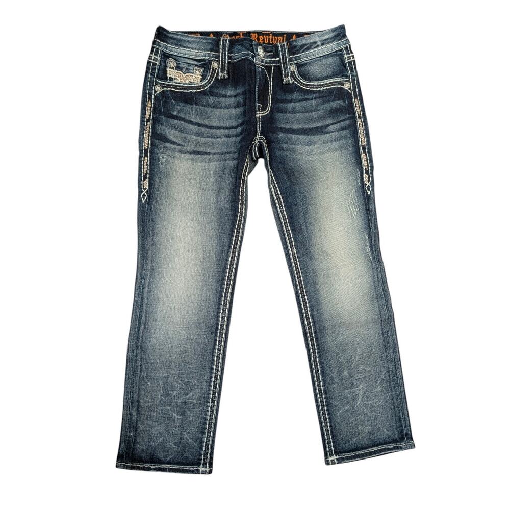 ROCK REVIVAL Betty Cropped Ankle Denim Jeans Fleur de Lis Pockets Women's 26